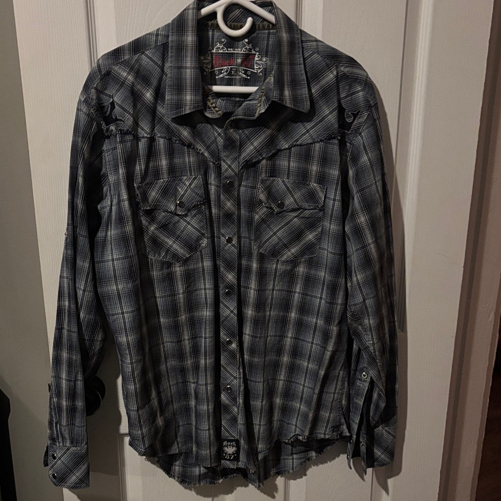 Rock 47 Men's Blue Plaid Casual Button Down Shirt - Picture 2 of 6